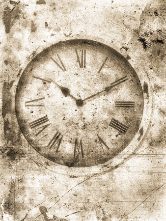 Old clock textured in grungy sepia brown tones for a weathered vintage look.の写真素材