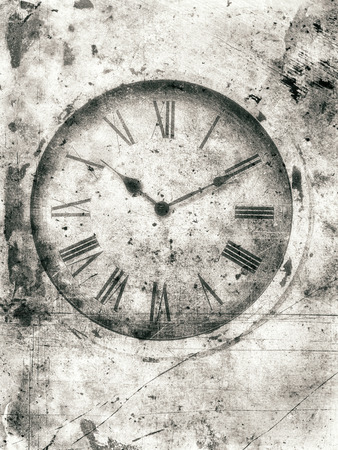 Soft vintage clock with roman numerals textured in a rough style for a weathered look.の写真素材
