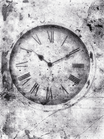 Weathered old clock in black and white with roman numerals textured with scratches and stains for a grungy look.の写真素材