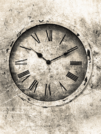 Vintage clock with roman numerals textured in soft black and white tones with stains and scratches.の写真素材