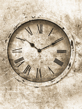 Clock with roman numerals textured in an aged sepia vintage style with brighter edges.の写真素材