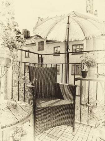 Artistic textured image in antique style of a cozy decorated summer balcony in the city.の写真素材