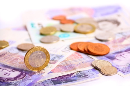 Pack of British currency, banknotes and coinsの写真素材