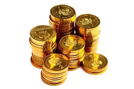 Golden money coins isolated on white background