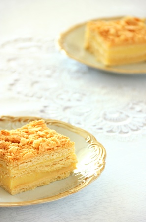 Delicious slice of bright shortcrust pastry with cream の写真素材