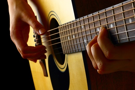 Closeup view of playing classic spanish guitar