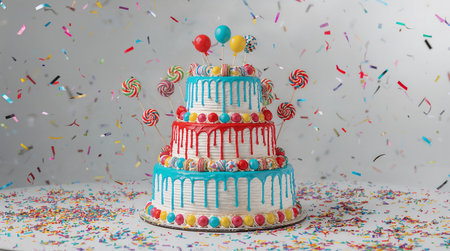 Colorful Fantasy Birthday Cake with Candies and Decorationsの素材