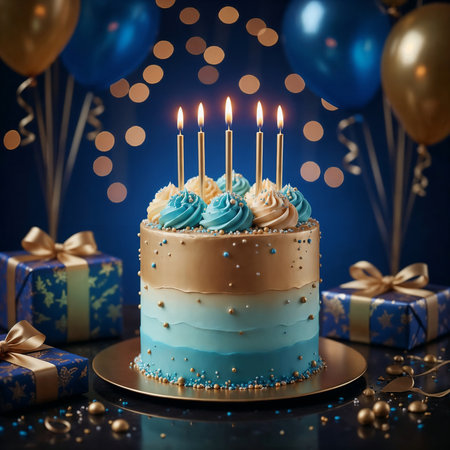 Elegant Blue and Gold Birthday Cake with Candles and Luxury Decorationsの素材