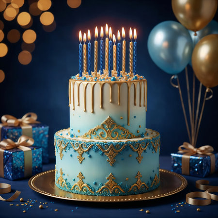 Elegant Blue and Gold Birthday Cake with Candles and Luxury Decorationsの素材