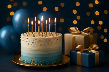 Elegant Blue and Gold Birthday Cake with Candles and Luxury Decorationsの素材