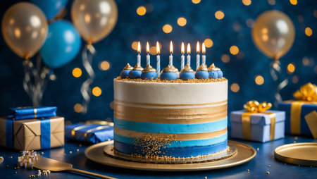 Elegant Blue and Gold Birthday Cake with Candles and Luxury Decorationsの素材