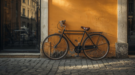 Classic city bicycle parked by an orange wall on a cobblestone streetの素材