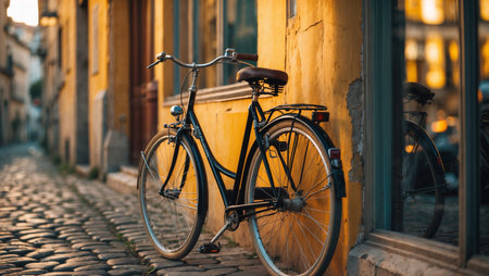 Classic city bicycle parked by an orange wall on a cobblestone streetの素材
