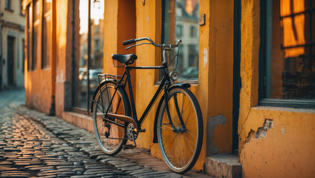 Classic city bicycle parked by an orange wall on a cobblestone streetの素材