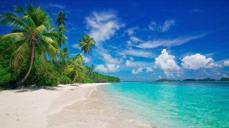 Tropical Beach with Palm Trees and Blue Sky