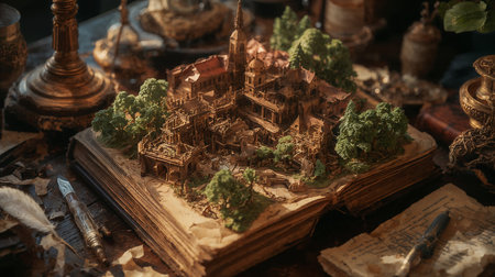 Ancient Fantasy City Emerging from the Pages of an Old Bookの素材