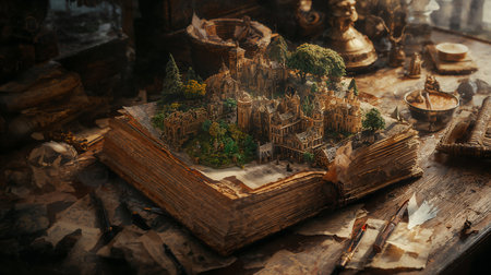 Ancient Fantasy City Emerging from the Pages of an Old Bookの素材