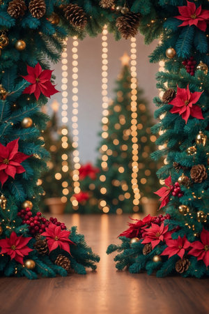 Christmas background with festive garland, poinsettia flowers, pine cones, and holiday lightsの素材
