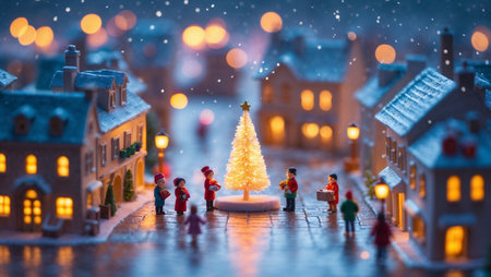 Festive Miniature Christmas Village with Glowing Tree for Holiday Promotionsの素材