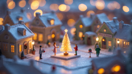 Festive Miniature Christmas Village with Glowing Tree for Holiday Promotionsの素材