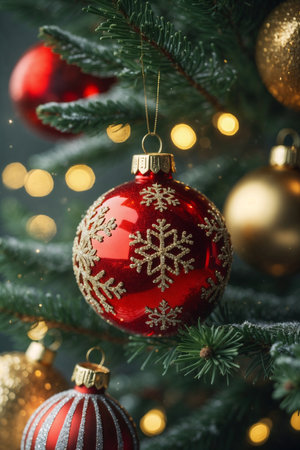 Red and Gold Christmas Ornaments on Tree with Warm Holiday Lightsの素材