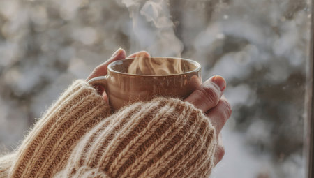 Cozy Hands Holding a Warm Mug in Knitted Sweater â Winter Hygge Close-Upの素材