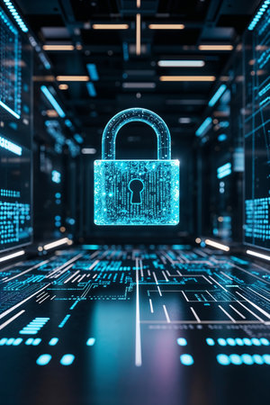 Ultra-Realistic Cybersecurity Lock Hologram on Dark High-Tech Backgroundの素材