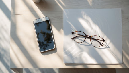 Modern Office Desk with Smartphone, Eyeglasses and Paper Notes, Top View Workspaceの素材