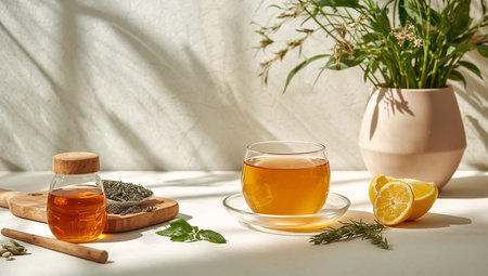 Natural Tea Set with Lemon, Honey and Herbs in Wellness Settingの素材