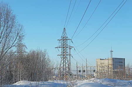 Power lines in the cold winterの写真素材