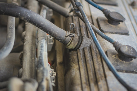 Oil leakage from under the gasket on a car engineの写真素材