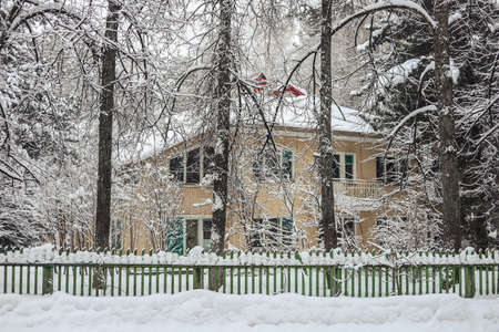Yellow house among trees in winterの写真素材
