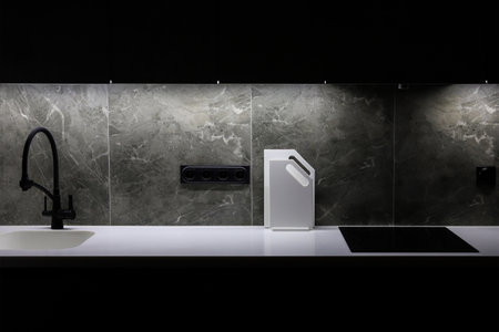 Gray kitchen interior with black faucet. White stone countertop. White and black detailsの写真素材