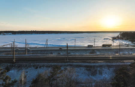 Car road in a small town. aerial view. urban scene in winterの写真素材