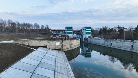 The shipping gateway of the hydro-electric power station. aerial viewの写真素材