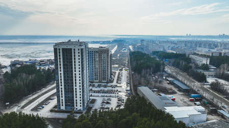 Cityscape of a small town in spring. Aerial viewの写真素材
