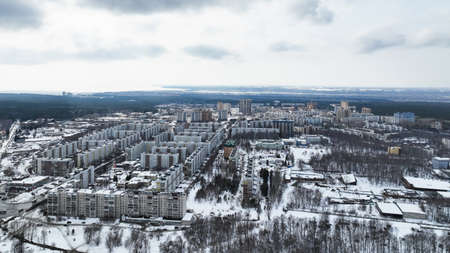Cityscape of a small town in winter. Aerial viewの写真素材