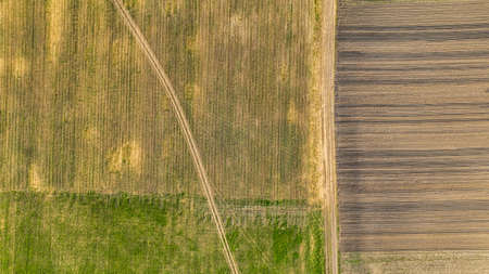 Aerial view of a land with own fields in the countryside. Landscape agriculture. countryside. top...