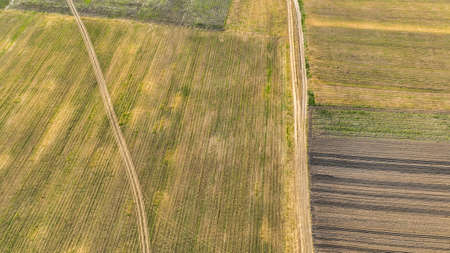 Aerial view of a land with own fields in the countryside. Landscape agriculture. countryside. top...