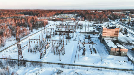 Electrical substance in snow winter. Aerial view