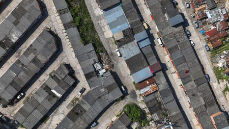 Warehouse roofs in summer. Many garages. air viewの写真素材