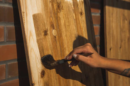 Painting of a wooden board with a paintbrush and wood oil by a young woman. Renovation conceptの写真素材