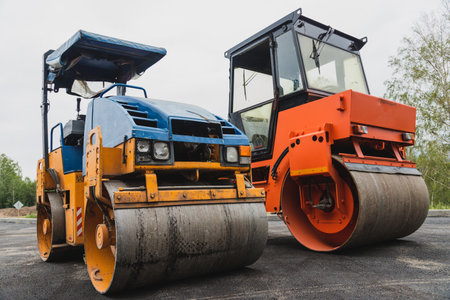 Old paver close-up. road roller. road construction conceptの写真素材