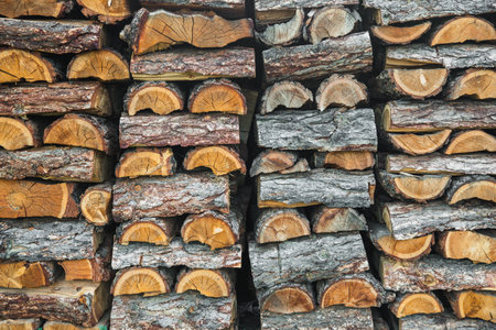 Woodpile. textured firewood background. Pile of old dry chopped firewoodの写真素材