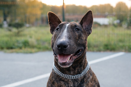 The portrait of the young beautiful bull terrier portrait in a brindle colorの写真素材