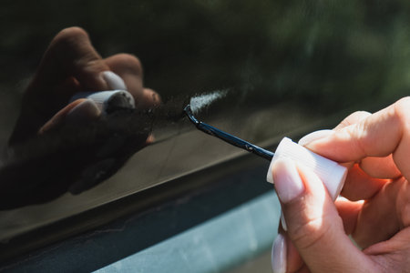 Touching up a body car with a small brush by a young womanの写真素材