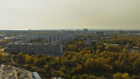 Old bedroom community of a small town in autumn time. air viewの写真素材