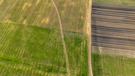 Aerial view of a land with own fields in the countryside. Landscape agriculture. countryside. top view farmlandの写真素材