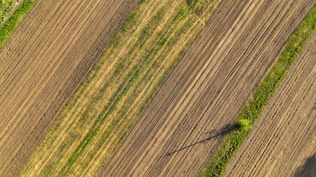 Aerial view of a land with own fields in the countryside. Landscape agriculture. countryside. top view farmlandの写真素材