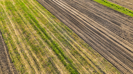 Aerial view of a land with own fields in the countryside. Landscape agriculture. countryside. top view farmlandの写真素材
